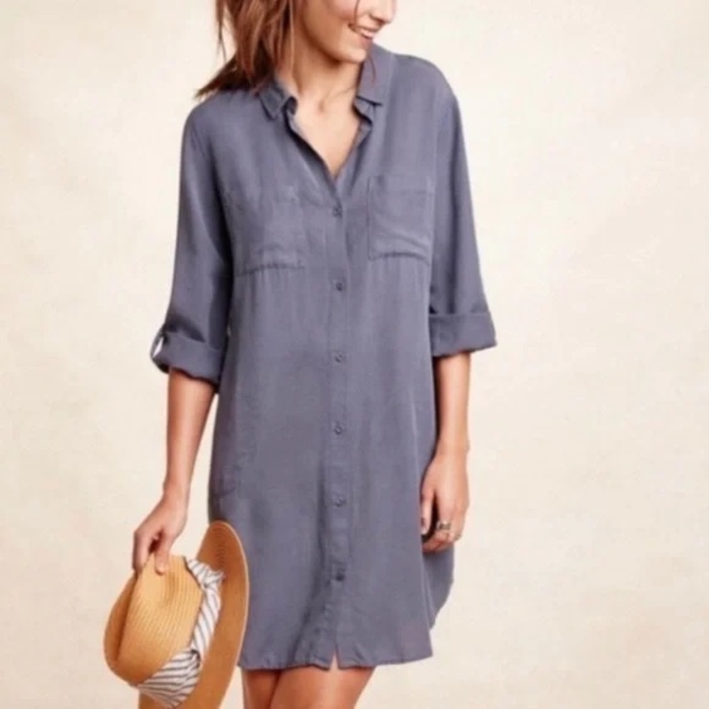 Anthropologie Cloth & Stone Blue Gray Tencel Utility Shirt Dress Large